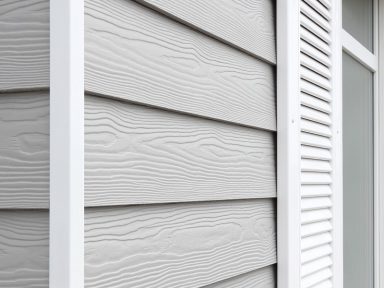 Graue Wandverkleidung mit horizontalen Brettern und weißen Fensterrahmen.